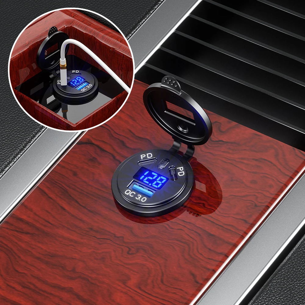 1pc Car PD USB Three Port Charger Universal Car Digital Display Charger Car Multifunctional Quick Charger Black Auto Accessories