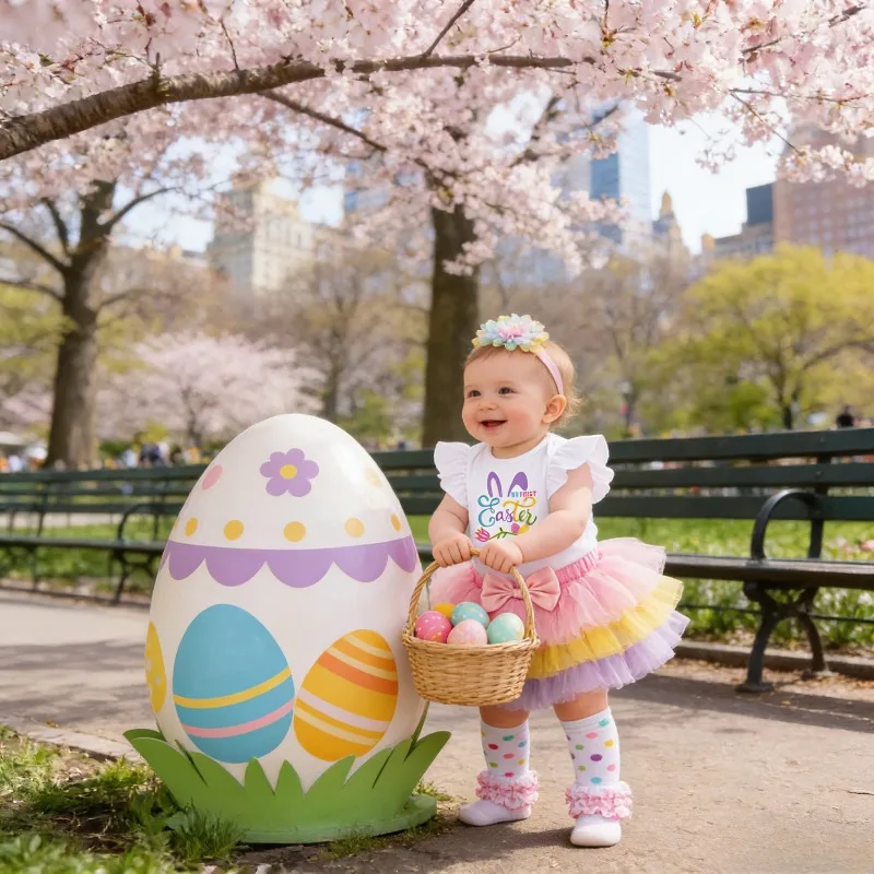 

Easter Baby Girl Outfit Floral Bunny Print Dress with Sleeves Hair Accessories Socks Set New Arrival
