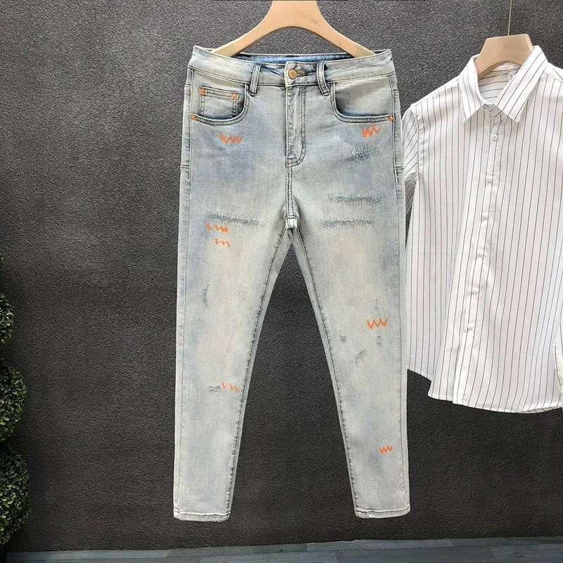 

Весенне-осенние модные однотонные прямые эластичные джинсы, мужские повседневные удобные спортивные джинсы высокого качества