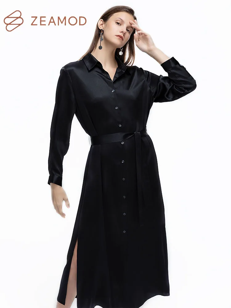 AMOD-Robe chemise à manches longues avec ceinture pour femme, vêtements boutonnés sur le devant, robe décontractée, élégante, traitée, 22 Momme