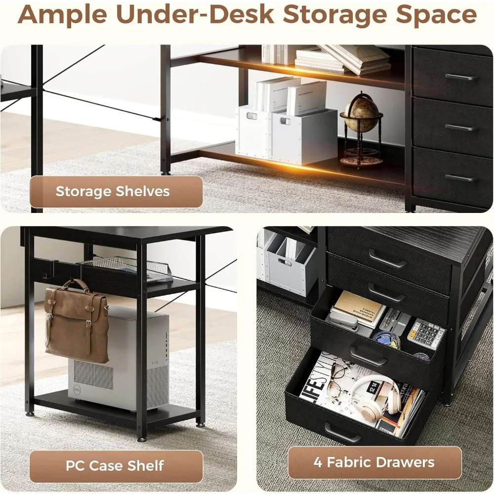 L-Shaped Desk with Drawers, Power Outlets, LED Lights, Reversible Corner Desk for Home Office Gaming and Computer Use