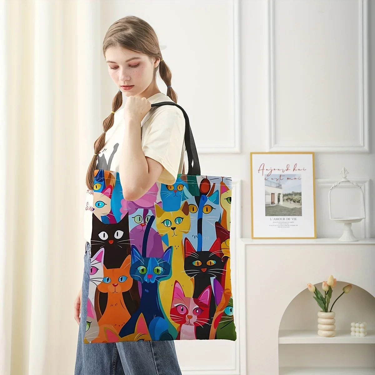 Colorful Kitten Printed Casual Handbag, Reusable Fashionable Backpack, Multifunctional Handbag, Printed Shopping Bag 40x40cm image 3