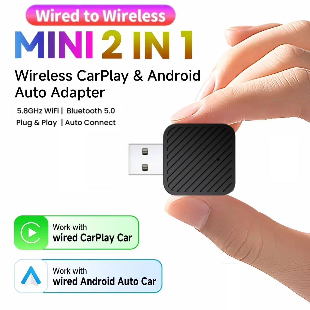 2025 NEW 2in1 Wired to Wireless CarPlay and Android Auto Mini Adapter 5GHz WiFi5 Plug and Play Fashionable and Portable