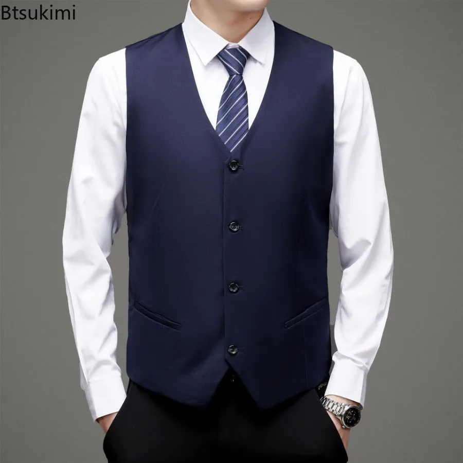 2025 nuevo traje de moda para hombre, chaleco con una botonadura, chaleco liso ajustado con cuello en V sin mangas, chaleco Formal para vestido de boda de negocios para hombre