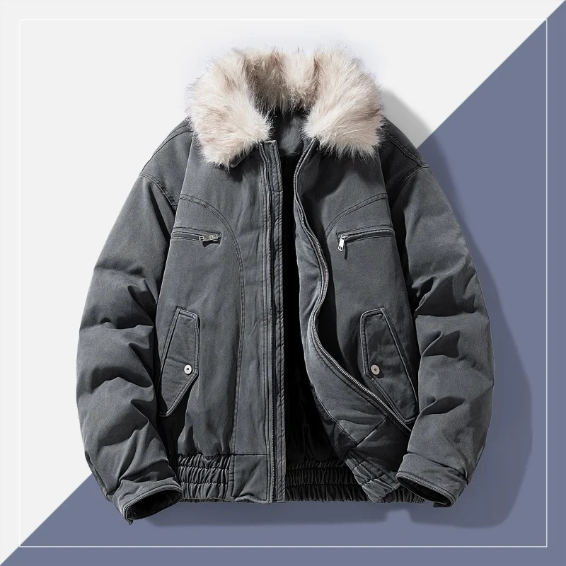 

Men's Casual Coat with Fur Collar Cotton Parkas Coat Women Solid Color Casual Hooded Parka Coats Outwear American Couple 2025