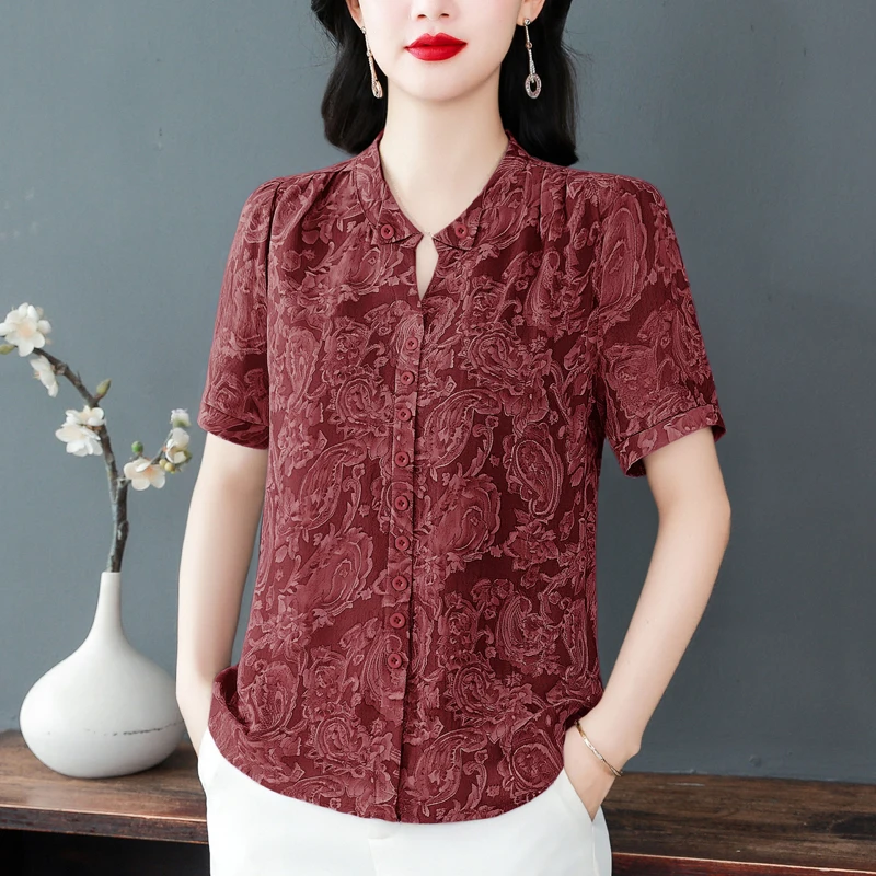 

Summer Short Sleeved Middle Aged And Elderly Mothers' Clothing Fashion Printed Loose Chiffon Women Blouses Shirt