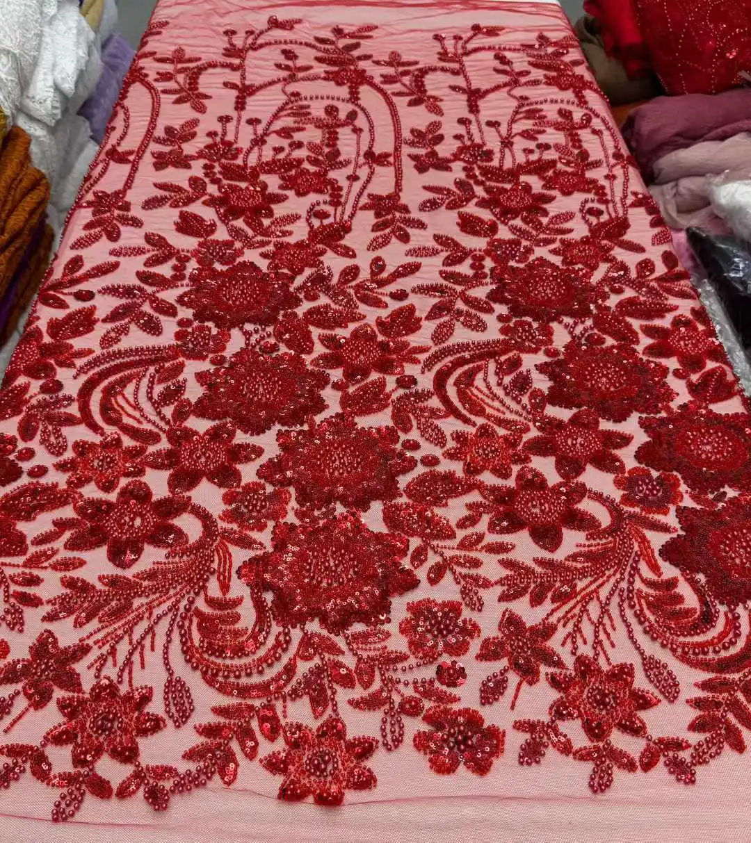 

Высококачественная африканская тяжелая кружевная ткань с бисером, роскошная французская сетчатая ткань с пайетками и вышивкой для свадебных платьев, 5 ярдов