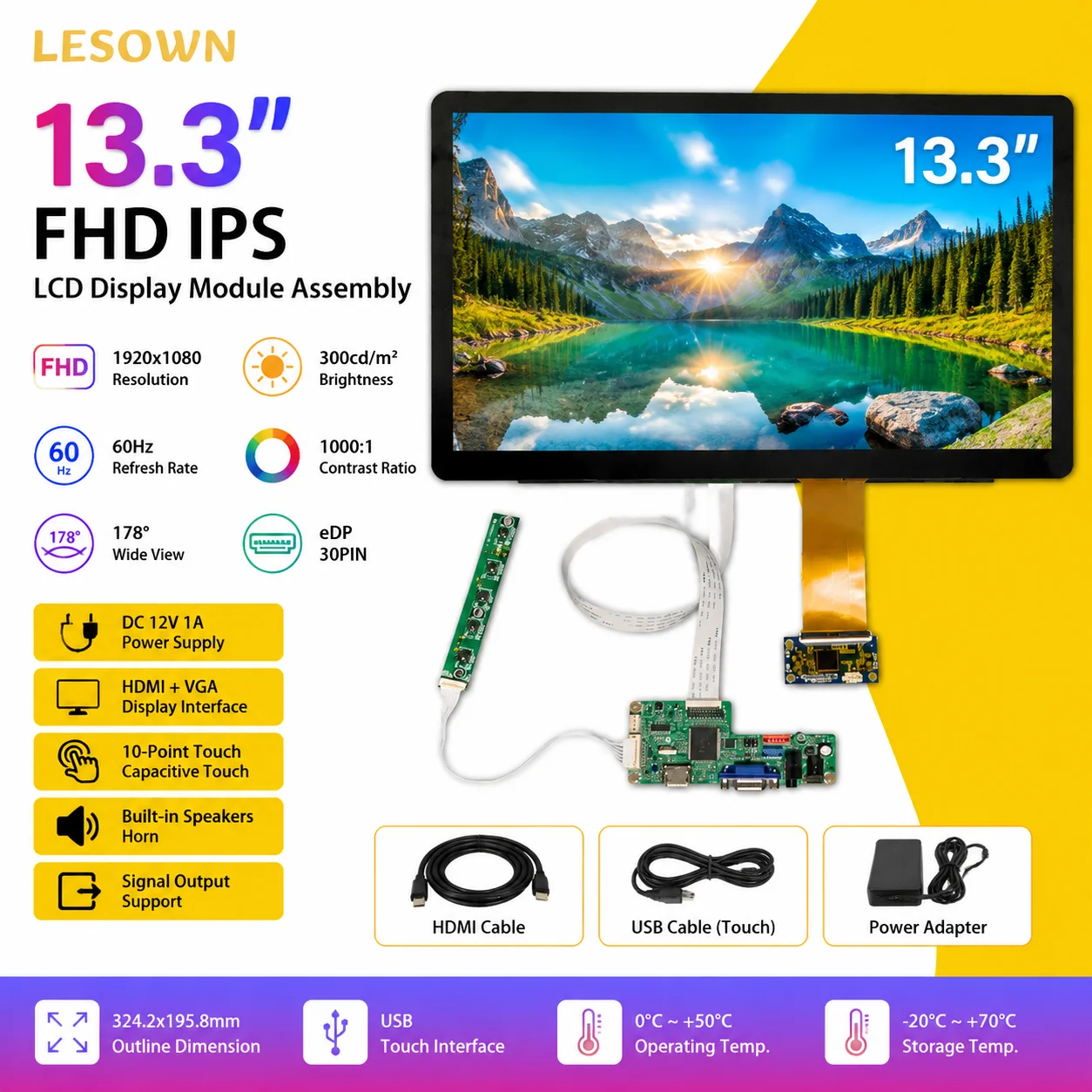

LESOWN 13.3inch 1920x1080 Capacitive Touch Screen Component No Driver Needed HDTV VGA Drive Board Module with USB Cable Set