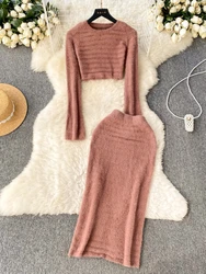 Autumn Fashion Furry Sweater Suits Women O Neck Long Sleeves Crop Top+High Elastic Split Skirt Hotsweet Warm Casual 2PC Sets New