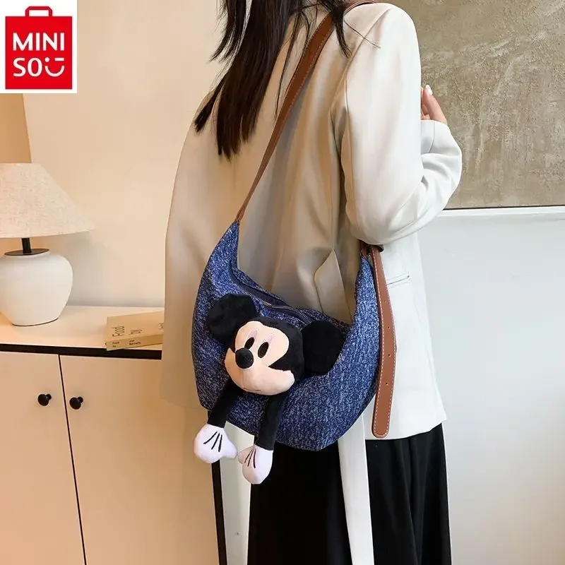 MINISO 2024 Classic New High Quality Cowboy Mickey Doll Bag for Women Multi functional Storage Underarm Horns Bag