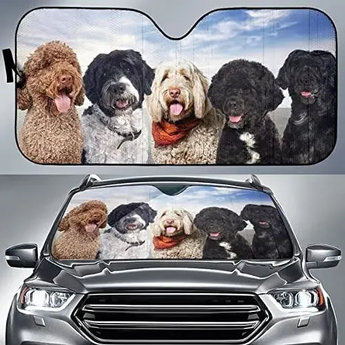 Cute Portuguese Water Dog Team Car Sunshade, Funny Portuguese Water Dog Family Car Window Sun Cover for Dog Lover, Car Windshiel