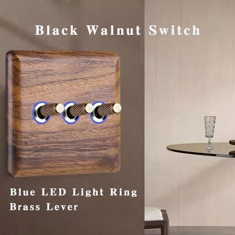 

86mm x 86mm Black Walnut Panel Brass Lever Antique Solid Wood Retro Switch Blue LED Light Ring EU/RU/FR/Standard Panel Switch