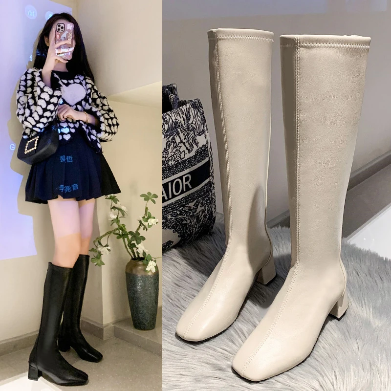 

Тонкие женские высокие сапоги, модные женские сапоги до колена, женская обувь на высоком каблуке, 2025 г., зимние высокие сапоги из мягкой кожи