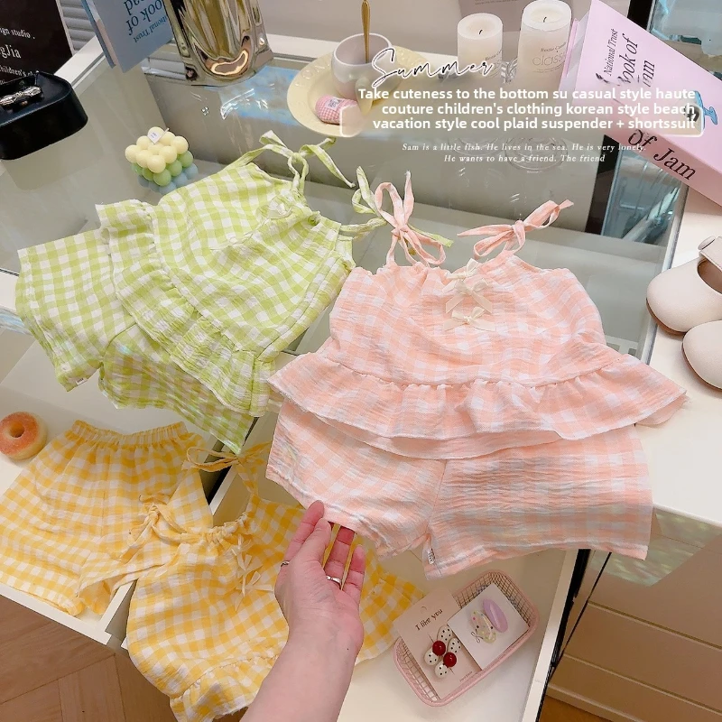 Summer New Girls Sling Shorts Set Princess Plaid Bow Thin Strap Sweet Vest Skirt Fashion Suit for Baby Toddler