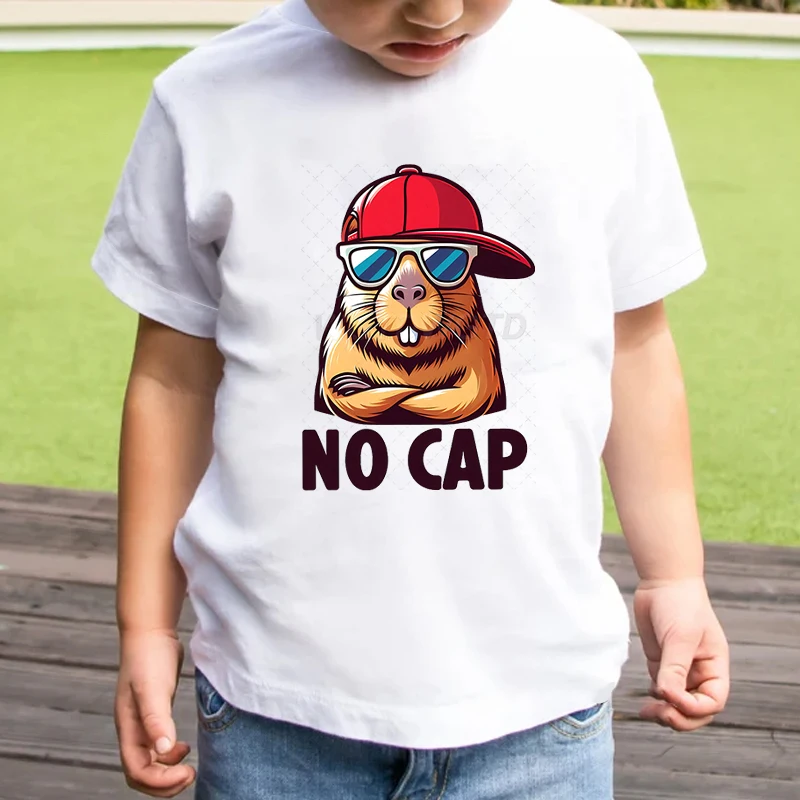 Cool Capybara No Cap Print T-shirts Summer Fashion Casual Short Sleeve Crew Neck Tops Children Boys Tee Shirt Pure Color T Shirt