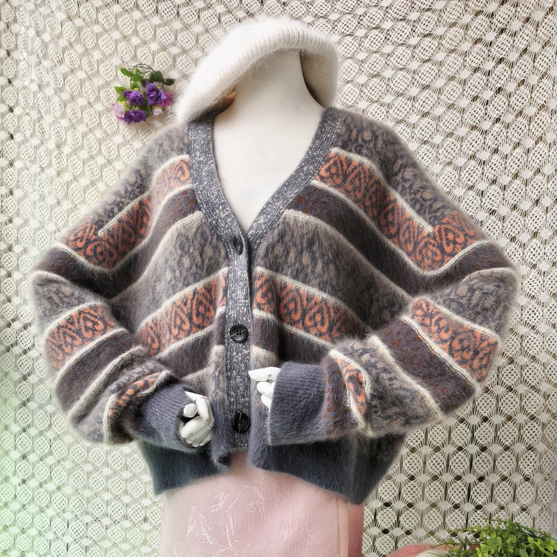 

Ladies Women Fashion Striped Hairy Soft Angora Rabbit Hair Knitted V-Neck Long Sleeves Short Style Loose Cardigan Sweater Jacket