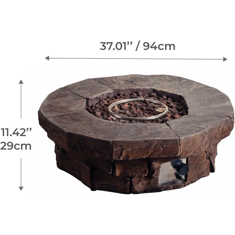 Faux Stone Round Outdoor Propane Gas Fire Pit with Weather-Resistant PVC Cover for Easy Clean-Up on Patios Gardens Backyard