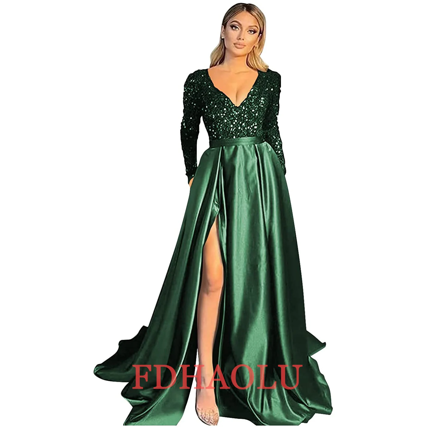 Gaun Prom Merah Muda Payet FDHAOLU Gaun Pesta Malam Lengan Panjang Satin Celah Seksi Gaun Pesta Malam Sederhana A-Line Vestido De Fiesta De Boda RU182