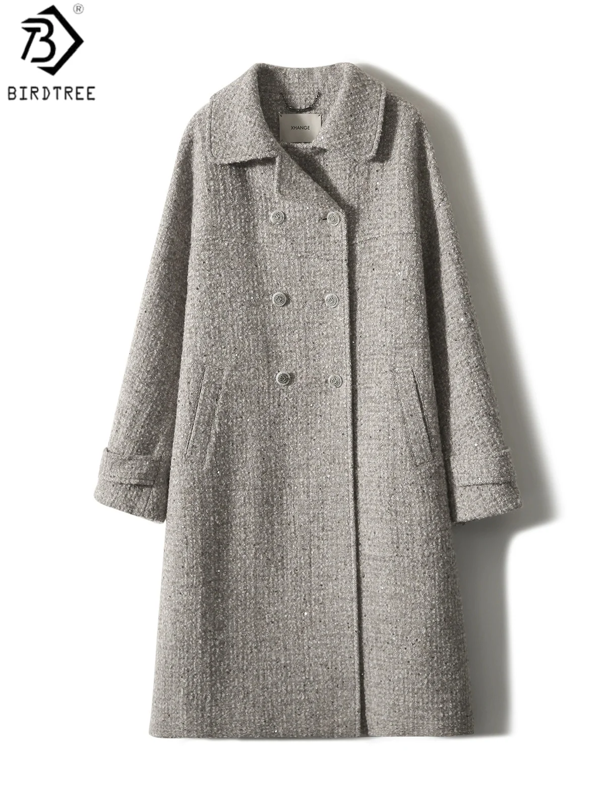 

Birdtree Wool Blend Sequin Elegant Double-breasted Overcoat,Woman Fashion Lapel Woolen Chic Long Coat,2025 Fall Winter T59830JF