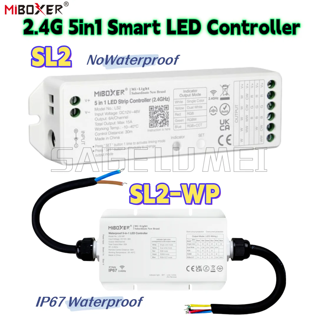 

MiBoxer LS2/LS2-WP 2.4GHz RF 5-in-1 Smart LED Controller Adjustable Brightness for Single Color/CCT/RGB/RGBW/RGB+CCT LED Strips