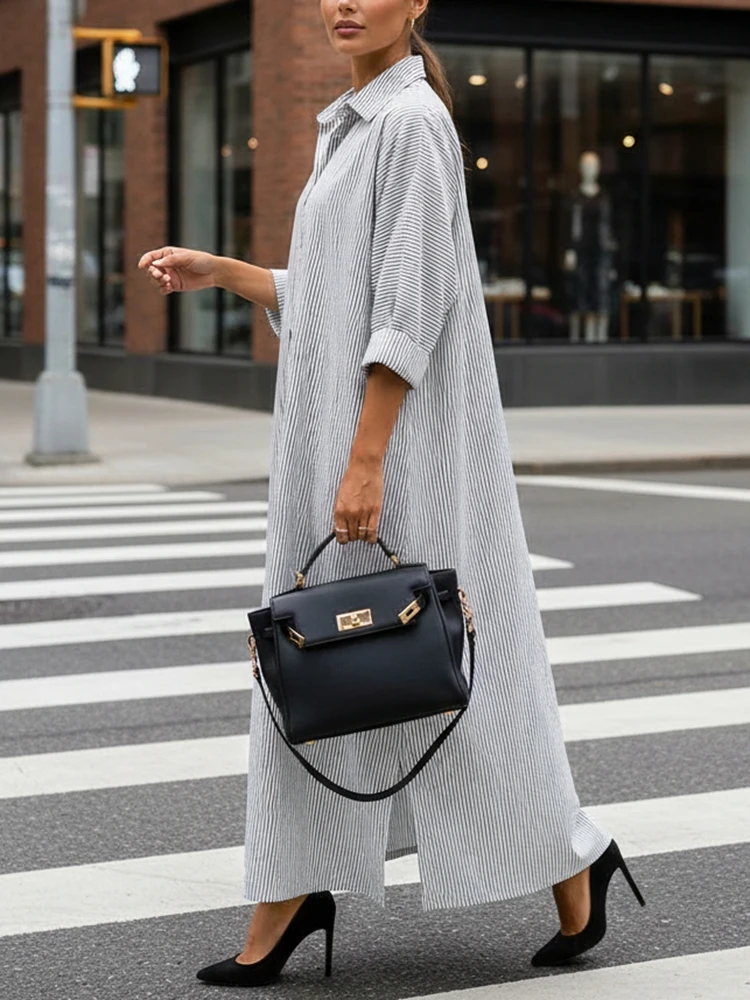 ZANZEA فساتين طويلة كبيرة الحجم للسيدات غير رسمية مخططة بياقة مقلوبة وأكمام طويلة وفتحة جانبية فستان ماكسي ملابس خروج للخريف #3