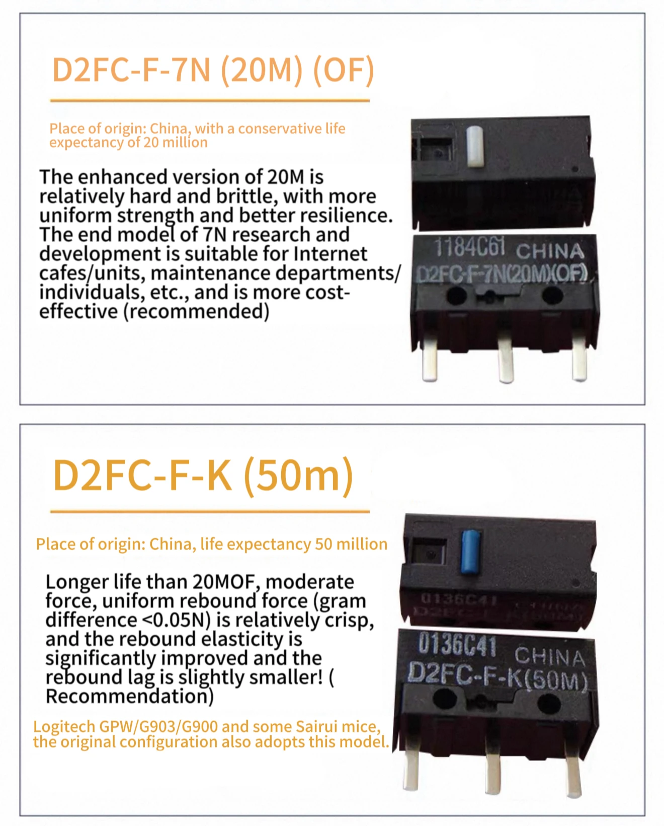 D2FC-F-7N 10m 20m OF 50m button 60MN for Omron mouse microswitch