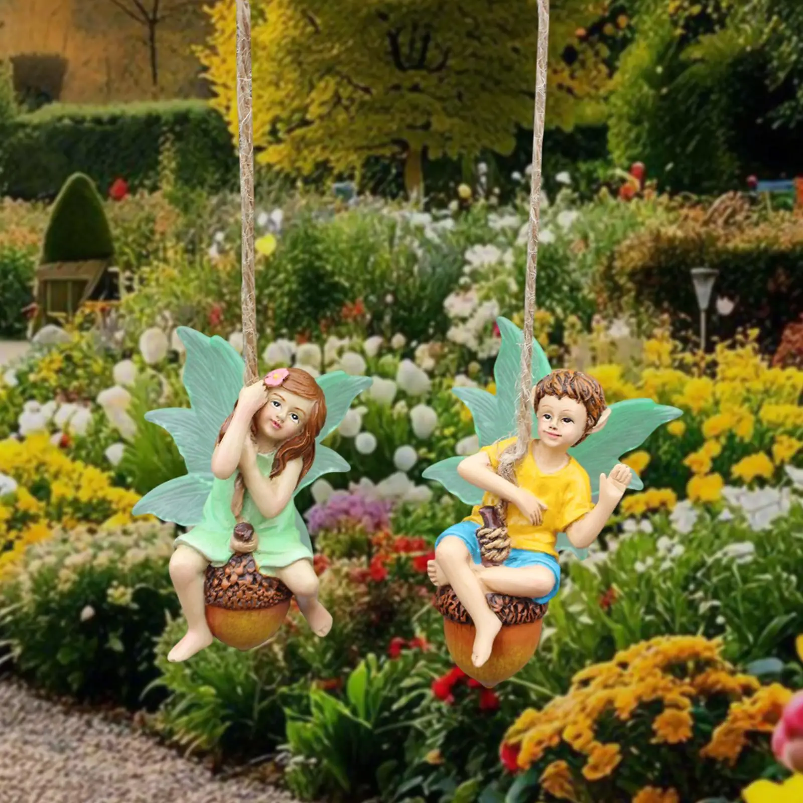 2x Garden Boy Girl Fairy Hanging Decor Resin Ornament, Crafts Collectible Creative Garden Decoration for Outdoor Garden Fence