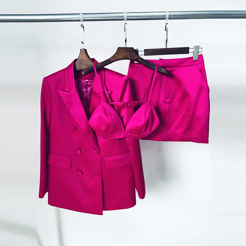 

European and American Stars New Bright Satin Double-breasted Loose Suit Suspender Short Skirt Set Three-piece Set