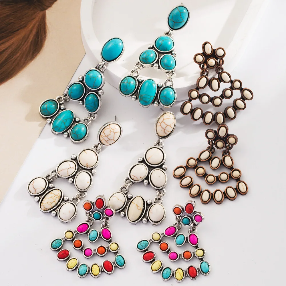 Independent station exaggerated turquoise earrings retro fashion new geometric multi-layer long earrings wholesale