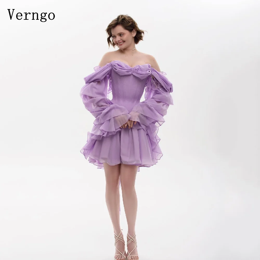 Verngo Lavender Chiffon Elegant Short Party Dress Off The Shoulder A Line Pleated Prom Gowns Women Homecoming Dress Customized