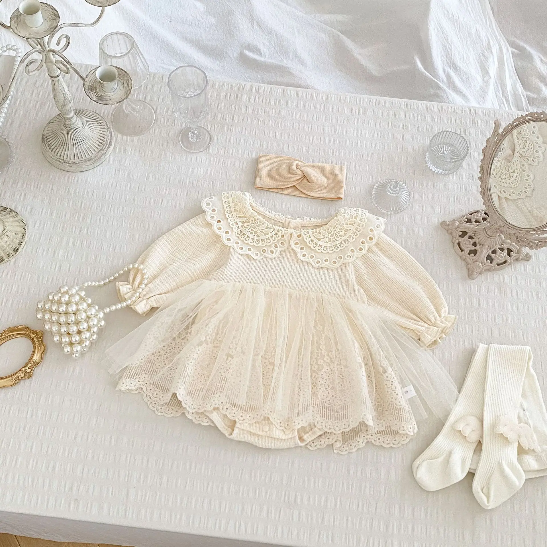 2024 Autumn New Baby Girls Sweet Gauze Lace Princess Dress Infant Girl Cute Lapel Bodysuit 100 Day Party Toddler Clothes 0-24M