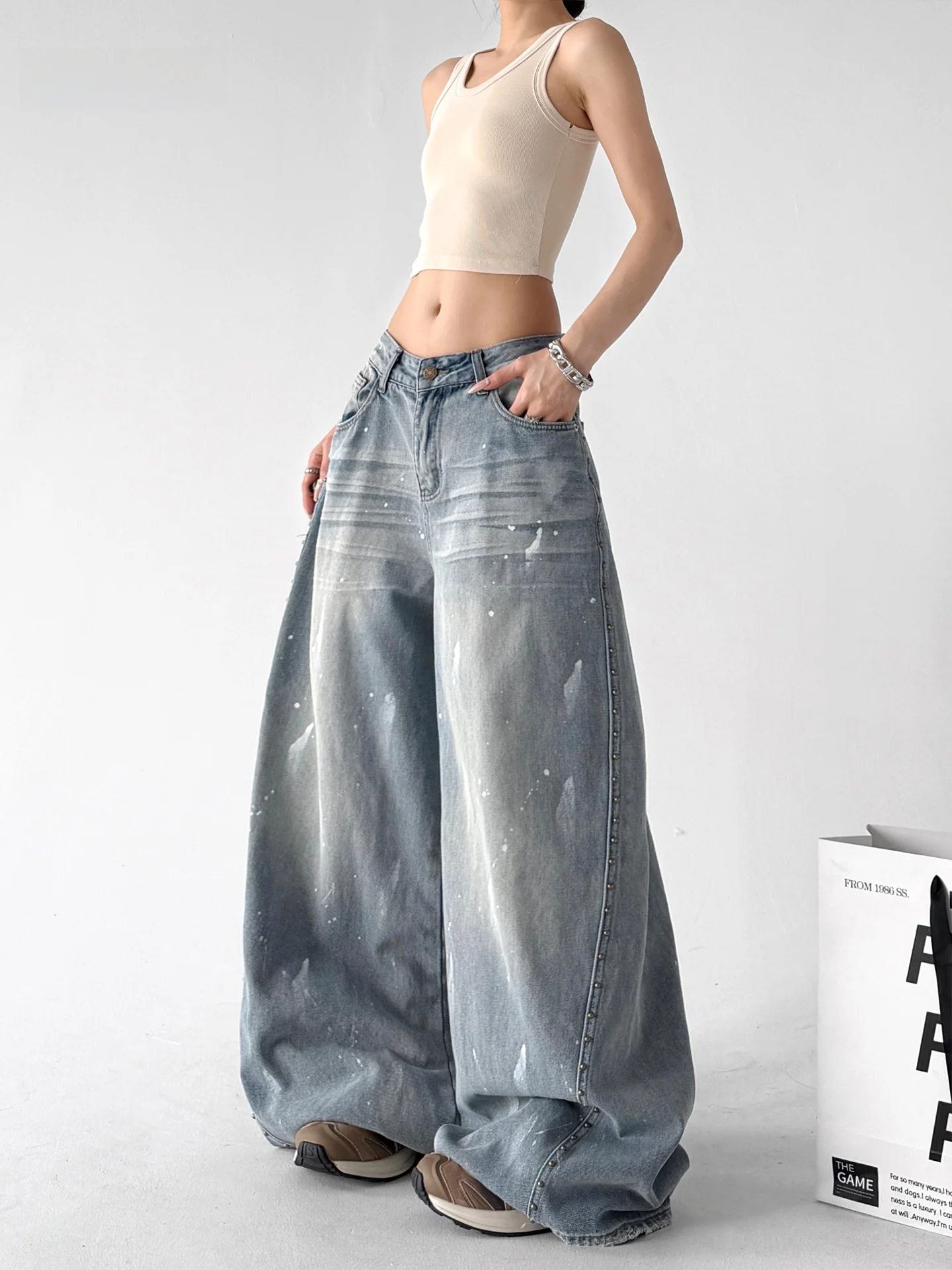 

Retro Distressed Blue Wide Leg Denim Jeans Women's Summer New Style Loose Fit Straight Cut Trousers American Lazy Style