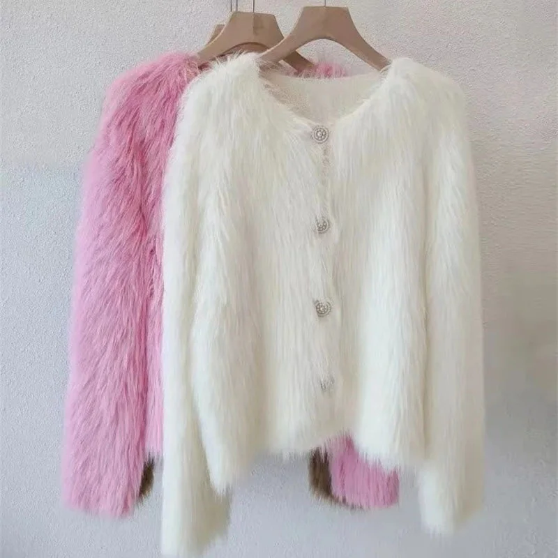 Imitation Mink Fleece Knitted Cardigan Sweater Coat Women\'s Autumn and Winter Wear Thickened Sweater 2024 New Short Popular Soft