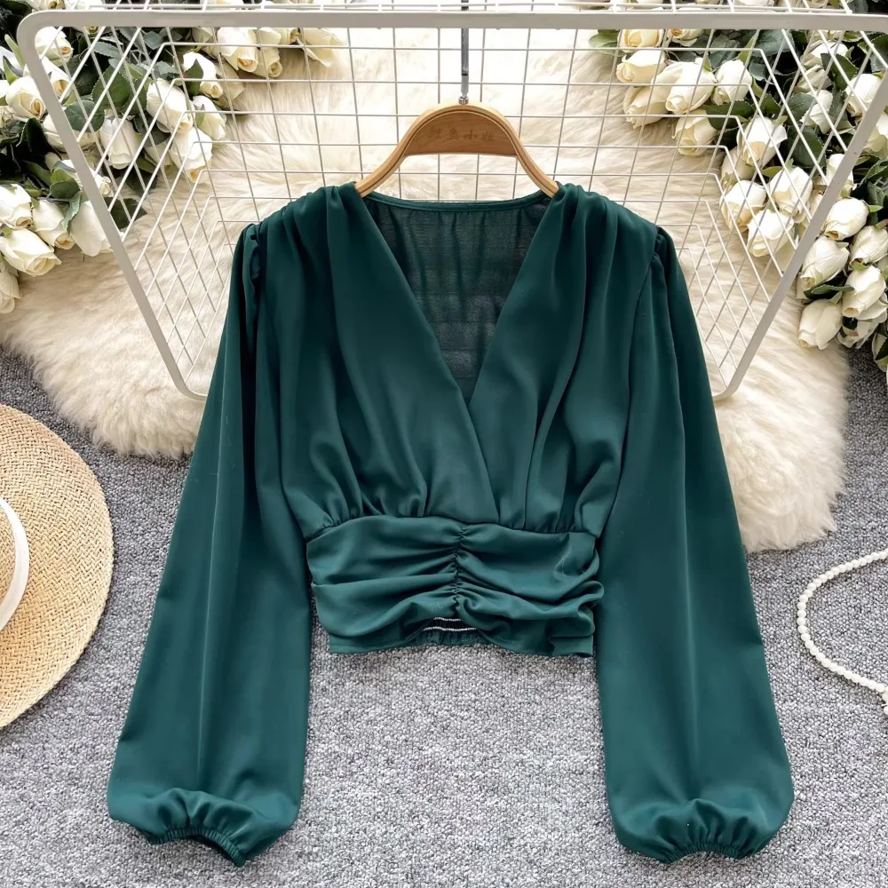 

Basics V-neck Fashion Pleated Casual Lantern Long Sleeves Slim Short Crop Top French Hotsweet High Street Spring Women Blouse
