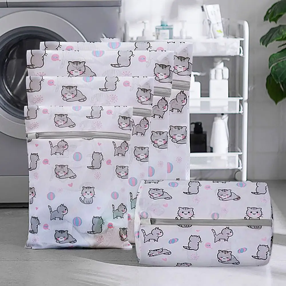 Convenient Cat Print Laundry Bag Large Capacity Multifunctional Washing Bag Cartoon Foldable Laundry Basket Household