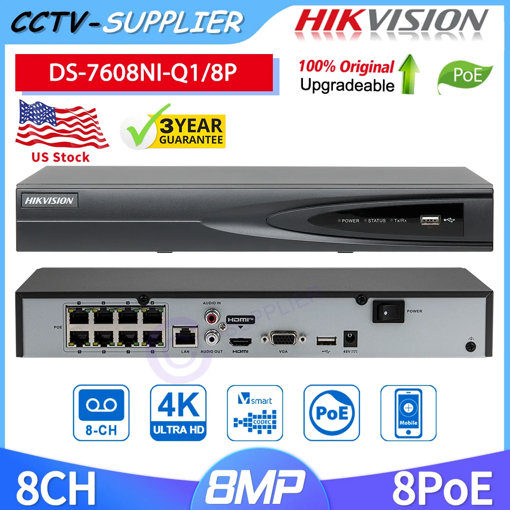 

Hikvision DS-7608NI-Q1/8P 8Channels Q-Series 1-Bay 1U 1HDD 4K 8-PoE NVR H265 HDMI VGA Network Video Recorder
