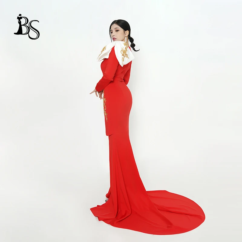 Baisha Elegant Evening Dress V Neck 3d Bow Hip Wrap Skirt Custom Long Prom Dresses For Gala Special Occaisons H1066