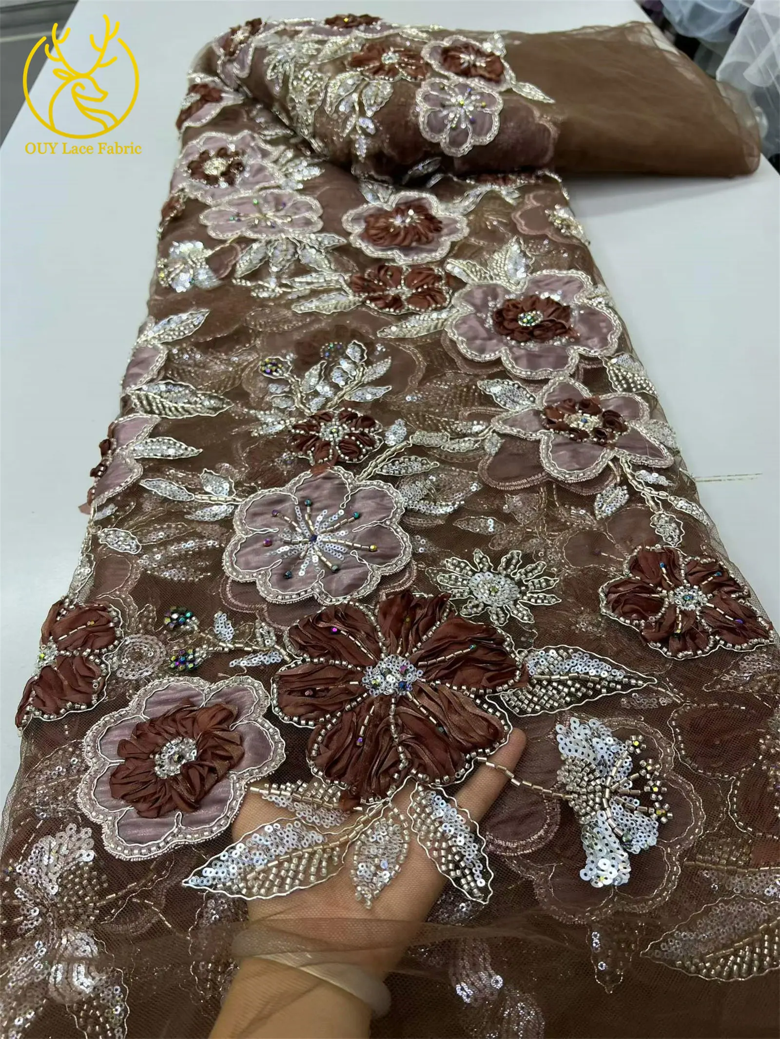 Afrikanischer Pailletten-Perlen-Spitzenstoff, hochwertiger nigerianischer französischer 3D-Blumen-Spitzenstoff für Kleidung, DIY, handgefertigter Stoff, 5 Yards – Detail 13