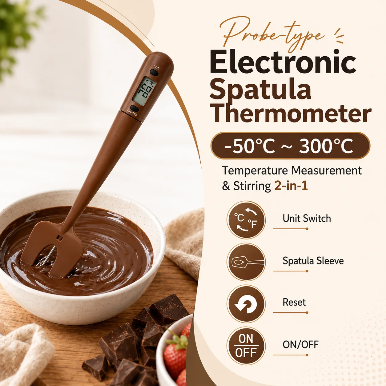 2-in-1 Spatula Thermometer 304 Stainless Steel Probe, Food Grade Silicone Instant Read -50~300°C for Kitchen Cooking & Baking