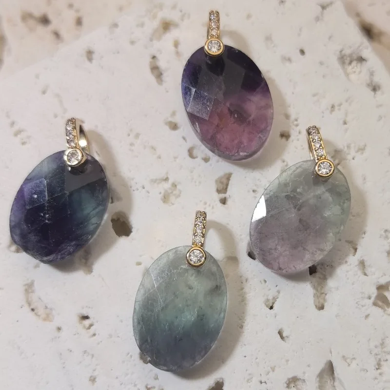 6PCS Fluorite Quartz Amethyst Faceted Stone Oval Pendants Lapis Charms CZ Bail for Jewelry Making