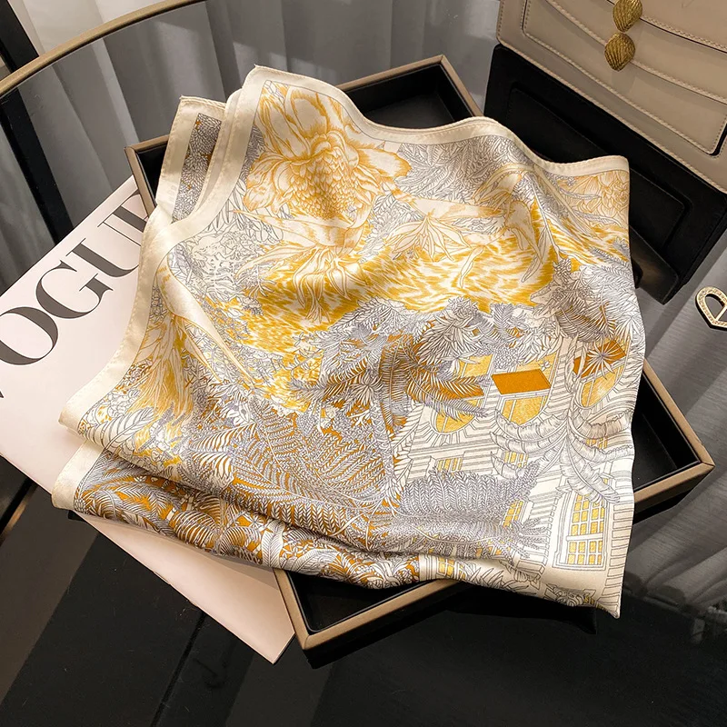 Luxury 100% Mulberry Silk Square Scarf Elegant Women Sky City Print Spring Hair Band Foulard Bandana Echarpe Tie Shawl Scarves