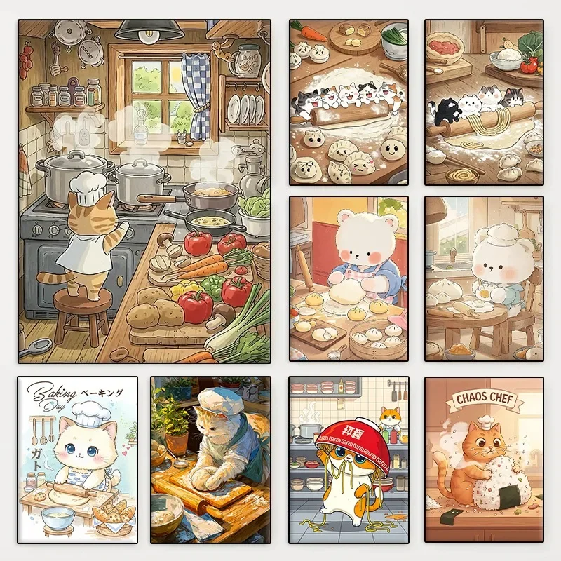 1pc frameless Canvas Painting (No frame)1pcs1pc frameless Cute Animal Cooking Cartoon Poster Bear Cat Baking Dumplings Scene Can
