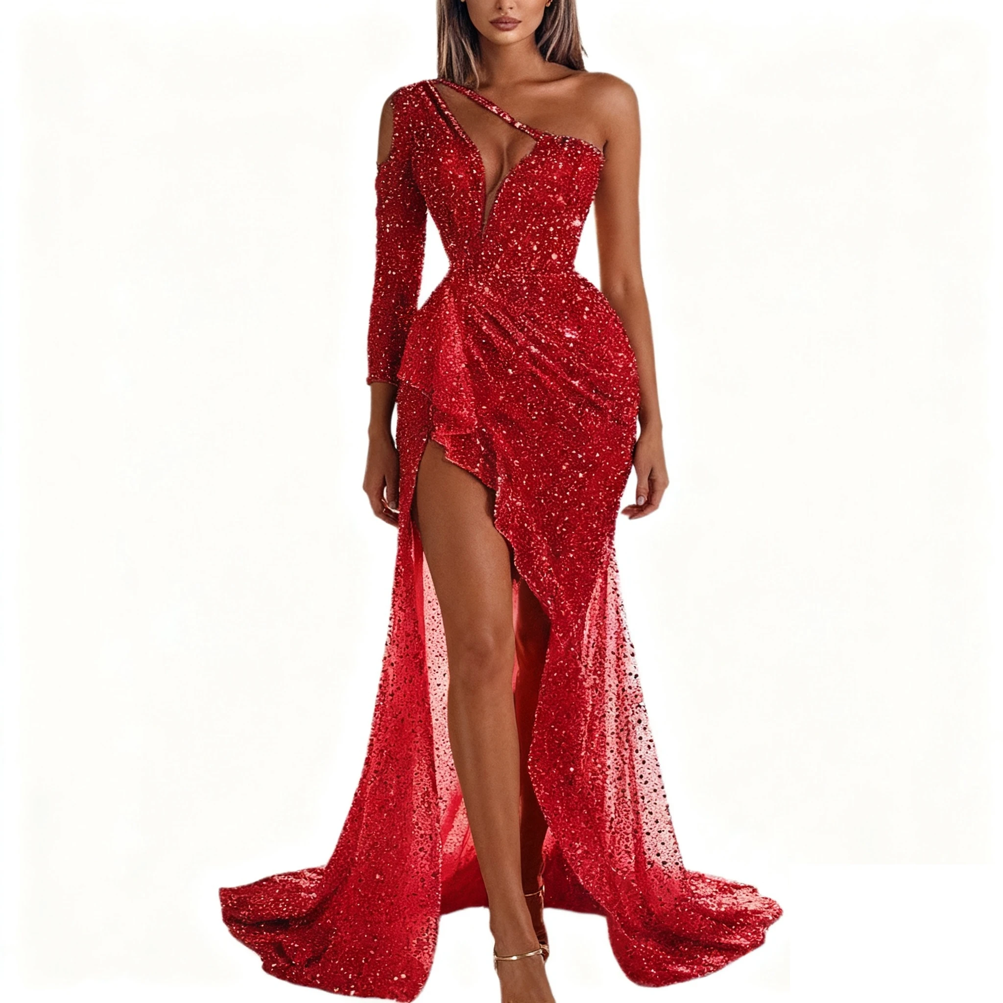 ชุดราตรีผู้หญิงแบบทางการ ชุดเดรสยาวประดับเลื่อมเซ็กซี่แบบไหล่เดียว สำหรับงานปาร์ตี้ งานเลี้ยง งานพรอม งานแต่งงาน และงานพิธีการต่างๆ