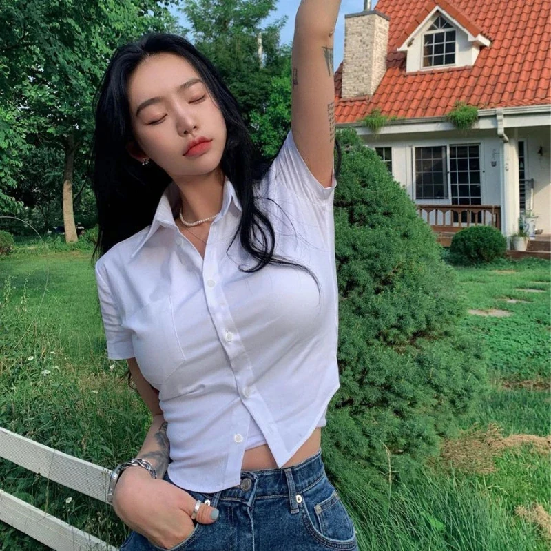 MEXZT White Basic Shirts Women Preppy Style Short Sleeve Slim Blouses Student Korean Office Lady Sexy Crop Tops Work Wear