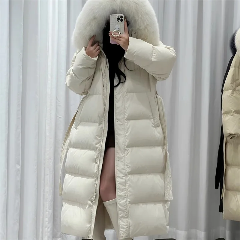 Winter Down Jacket For Women Loose White Duck Down Warm Long Coat With Fur Collar