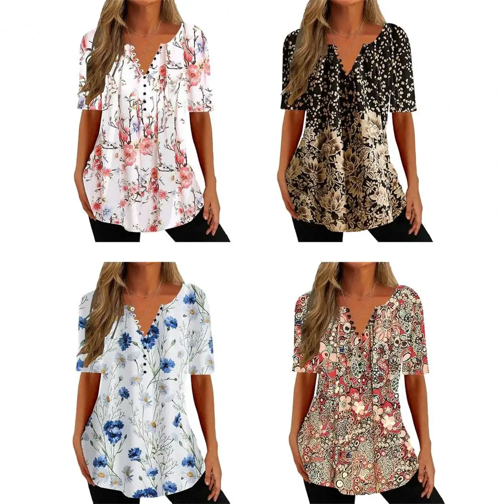 Women Summer T-shirt Flower Print V Neck Short Sleeves Women Top Vintage Mid Length Loose Top Female Clothes