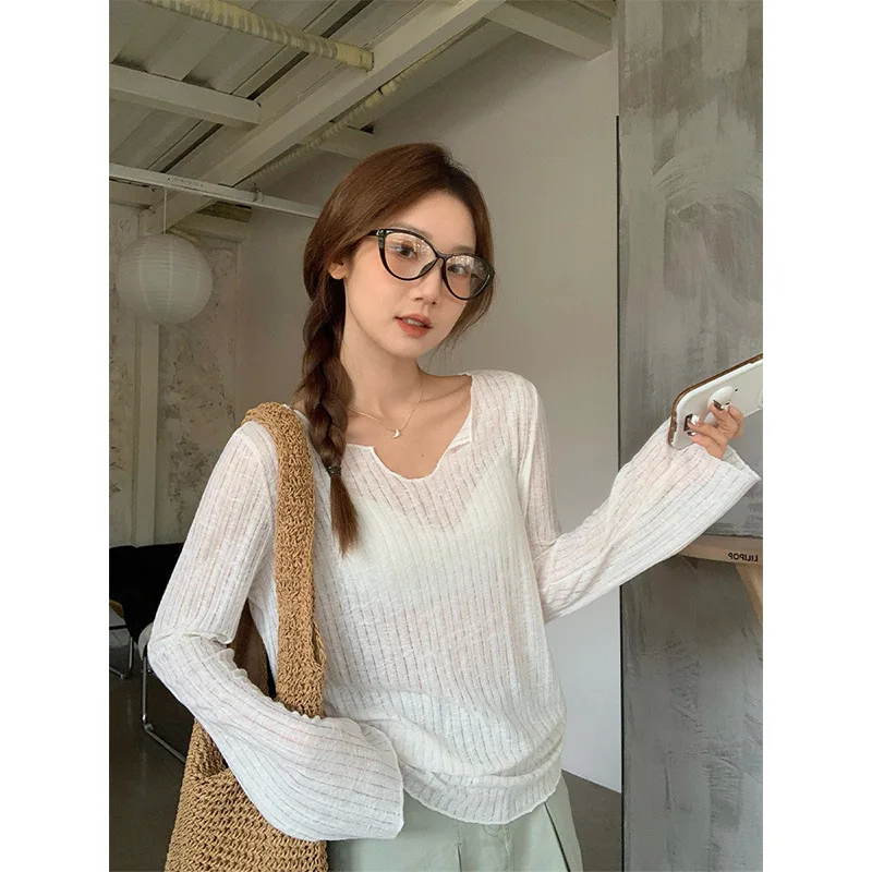 V-neck long sleeved women's pure desire thin sunscreen cover shirt loose T-shirt high-end top