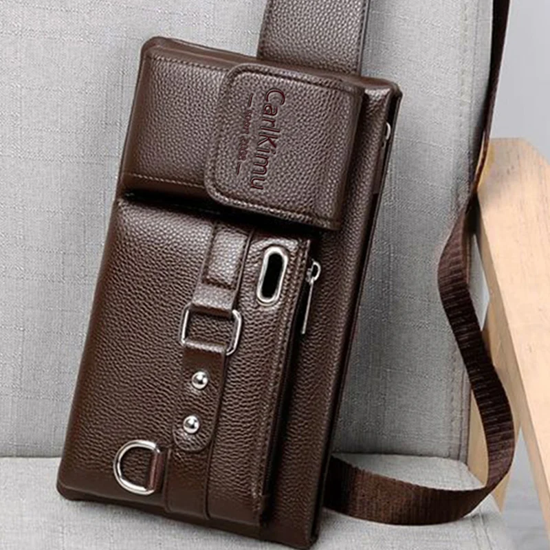 Business Retro Brown Leather Motorbike Belt Bag Front Flap Pocket, Slim Sling Pouch Holds Phone Keys Riding Small Gear image 5