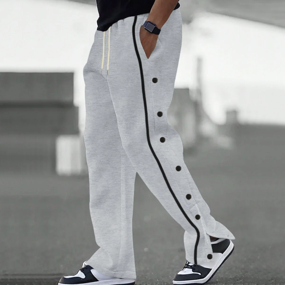Men's Sporty Casual Long Pants Spring Autumn Fashion Street Style Side-Buttoned Loose Fit Wide-Leg Basketball Trousers