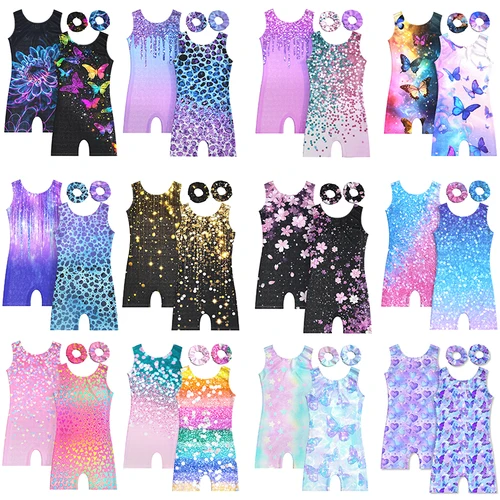 Leotardos de gimnasia para niñas, biketards sin mangas brillantes de dos piezas, ropa deportiva con diadema